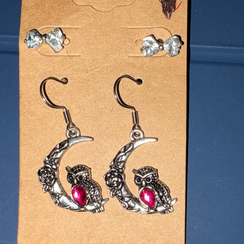 New  Set of 2 Silver Tone Owl Crescent Earrings with Pink Gem and bow studs